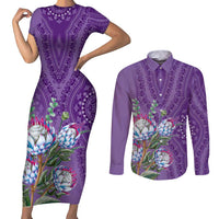 Africa King Proteas Dashiki Motif Couples Matching Short Sleeve Bodycon Dress and Long Sleeve Button Shirt Violet Style LT9 - Wonder Print Shop