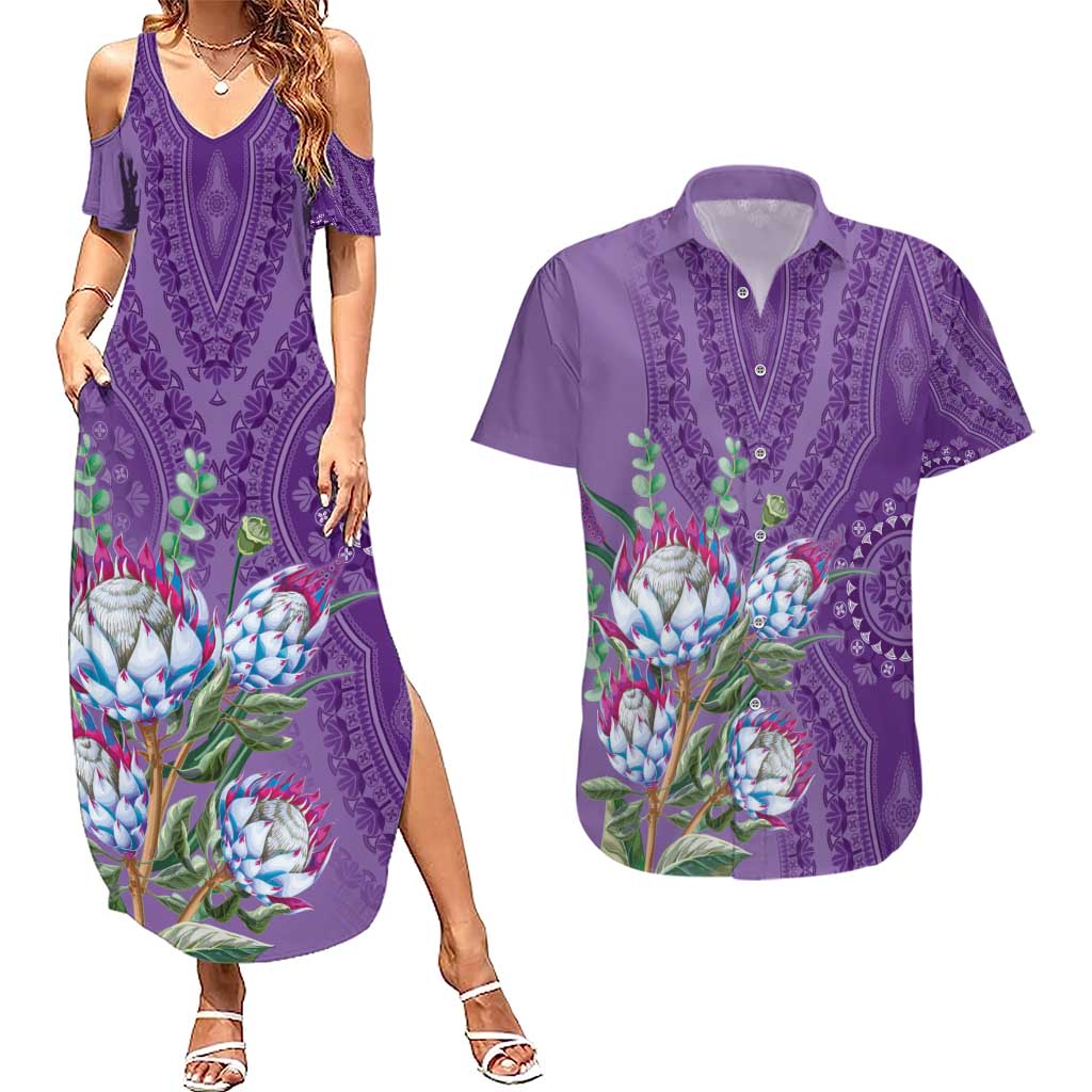 Africa King Proteas Dashiki Motif Couples Matching Summer Maxi Dress and Hawaiian Shirt Violet Style LT9 - Wonder Print Shop