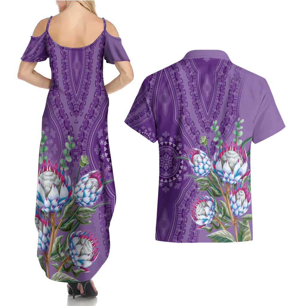 Africa King Proteas Dashiki Motif Couples Matching Summer Maxi Dress and Hawaiian Shirt Violet Style LT9 - Wonder Print Shop