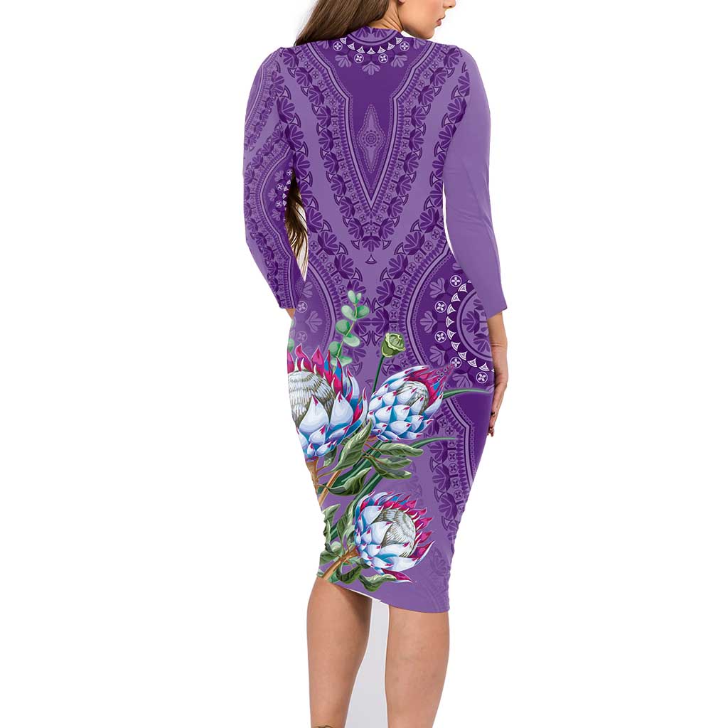 Africa King Proteas Dashiki Motif Family Matching Long Sleeve Bodycon Dress and Hawaiian Shirt Violet Style LT9 - Wonder Print Shop