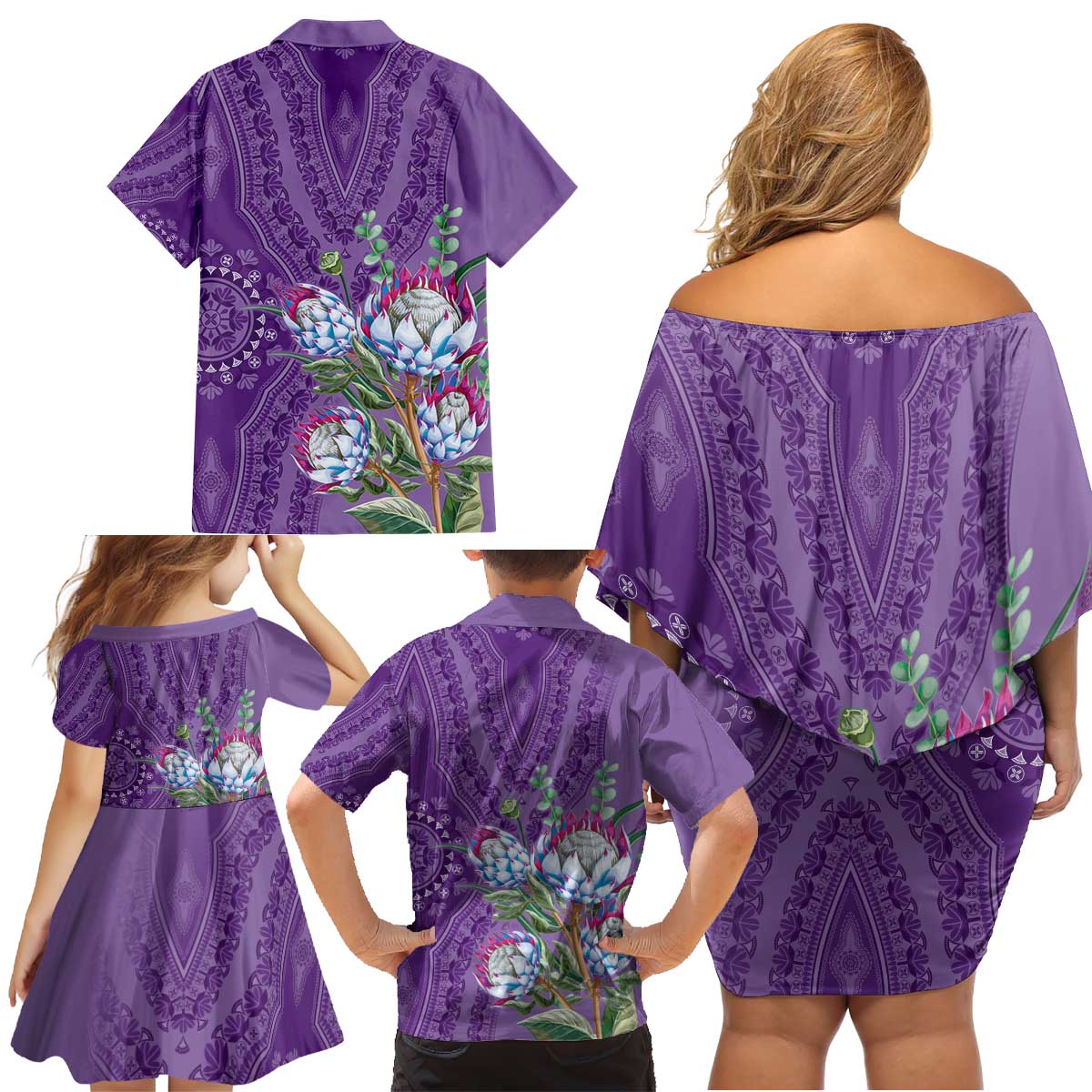 Africa King Proteas Dashiki Motif Family Matching Off Shoulder Short Dress and Hawaiian Shirt Violet Style LT9 - Wonder Print Shop