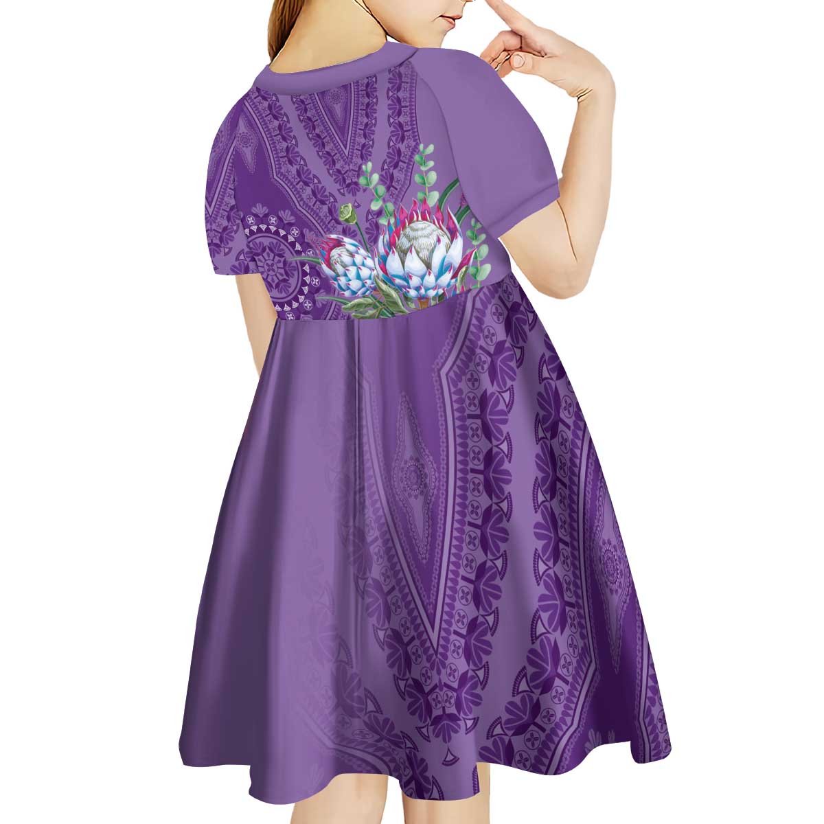 Africa King Proteas Dashiki Motif Kid Short Sleeve Dress Violet Style - Wonder Print Shop