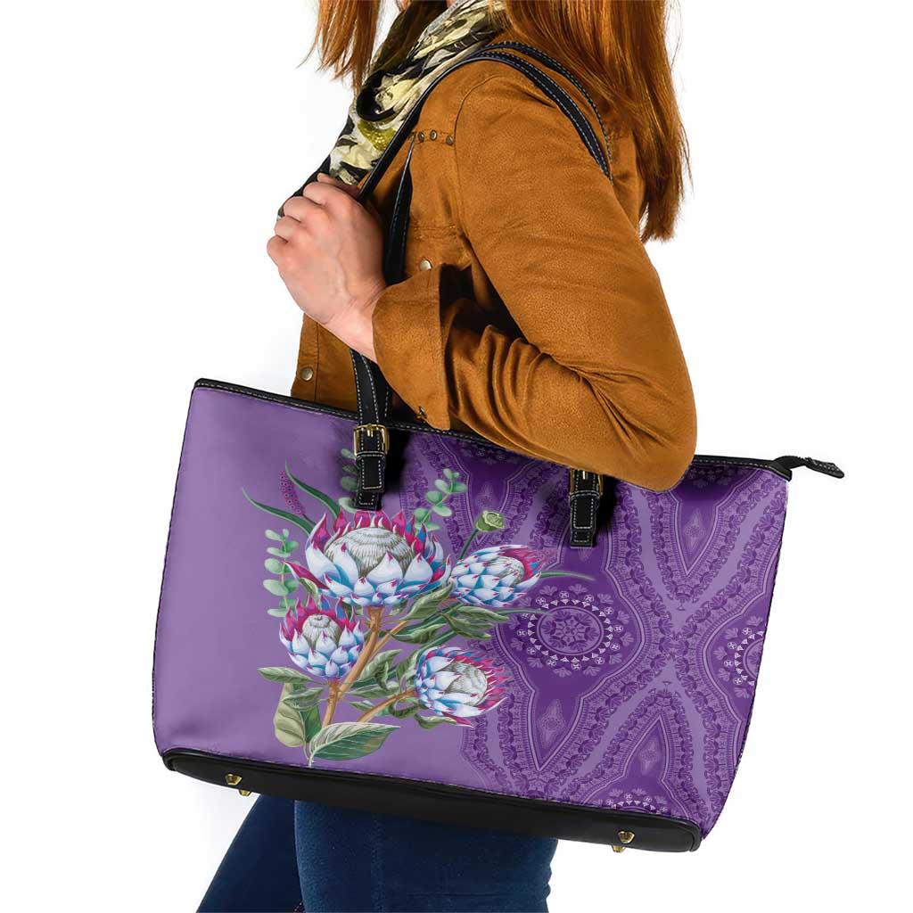 Africa King Proteas Dashiki Motif Leather Tote Bag Violet Style - Wonder Print Shop