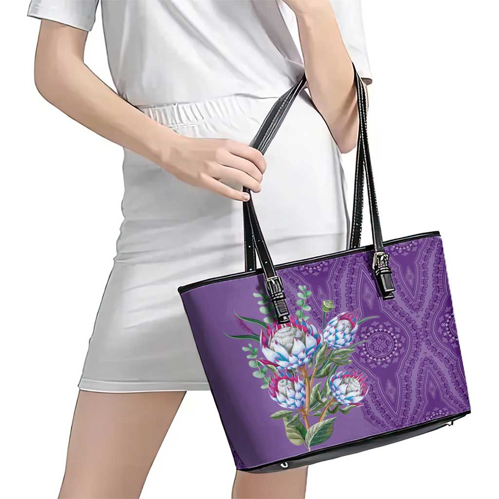 Africa King Proteas Dashiki Motif Leather Tote Bag Violet Style - Wonder Print Shop