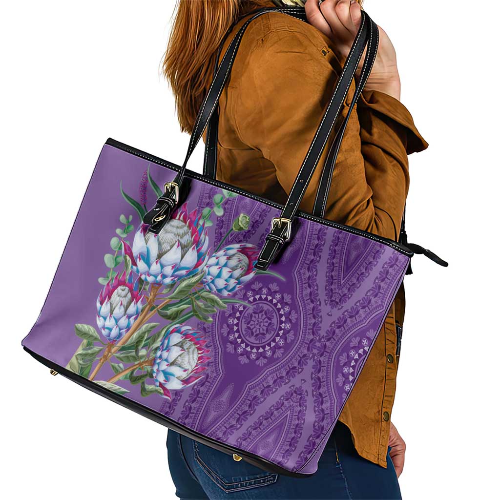Africa King Proteas Dashiki Motif Leather Tote Bag Violet Style - Wonder Print Shop