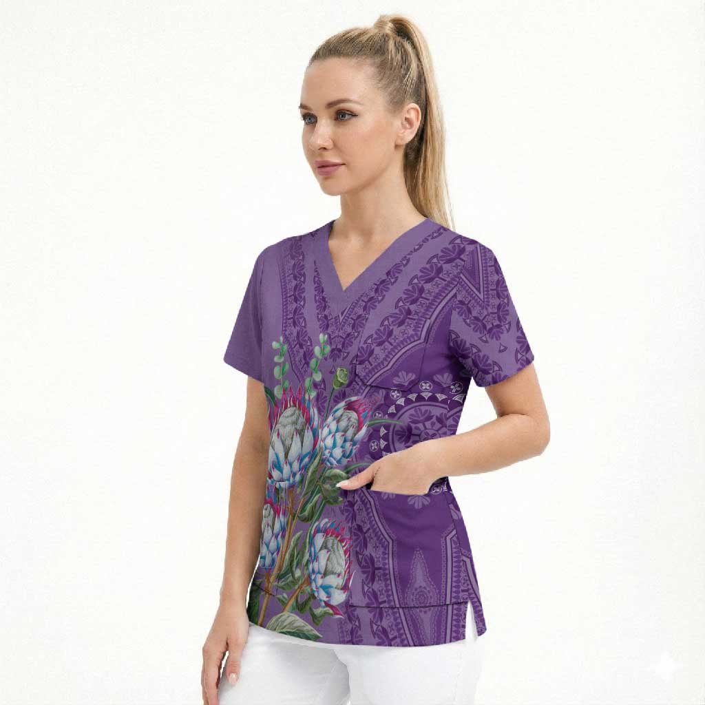 Africa King Proteas Dashiki Motif Scrub Top Violet Style