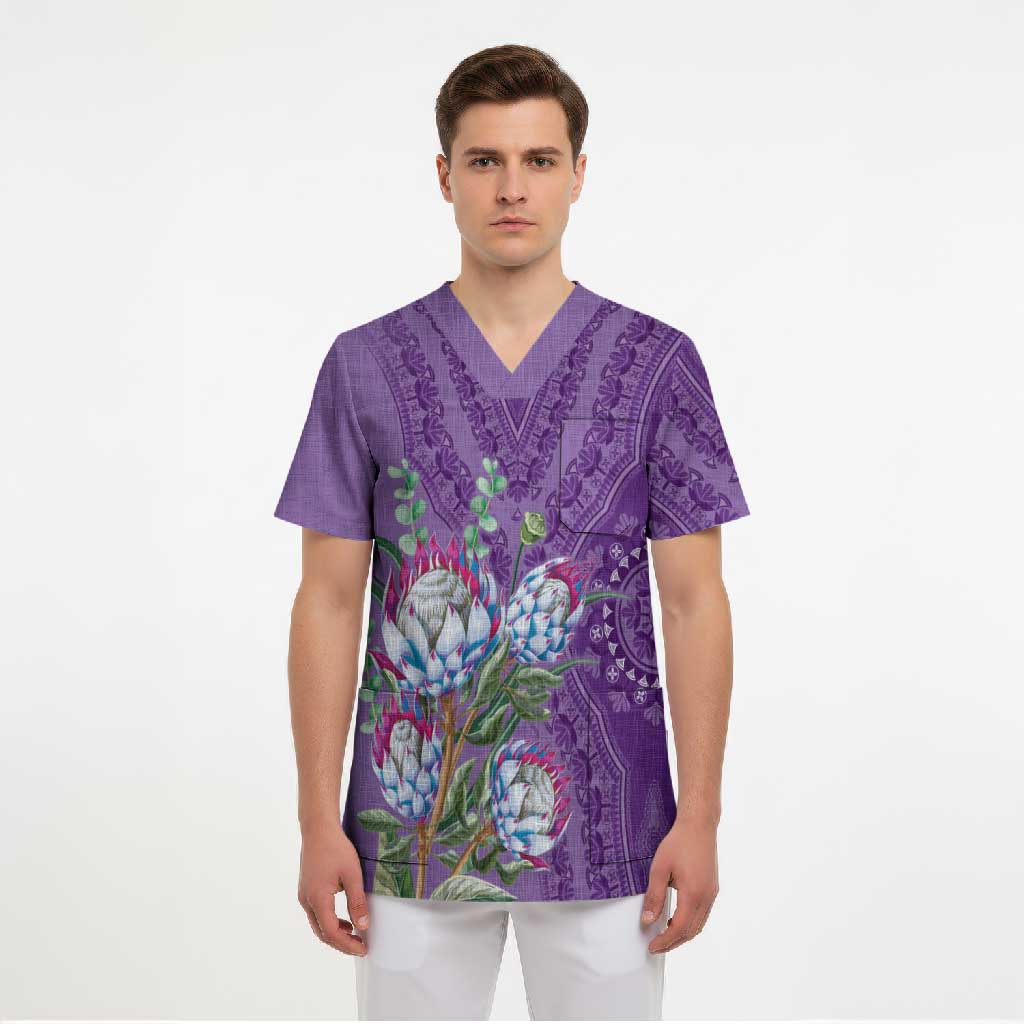 Africa King Proteas Dashiki Motif Scrub Top Violet Style