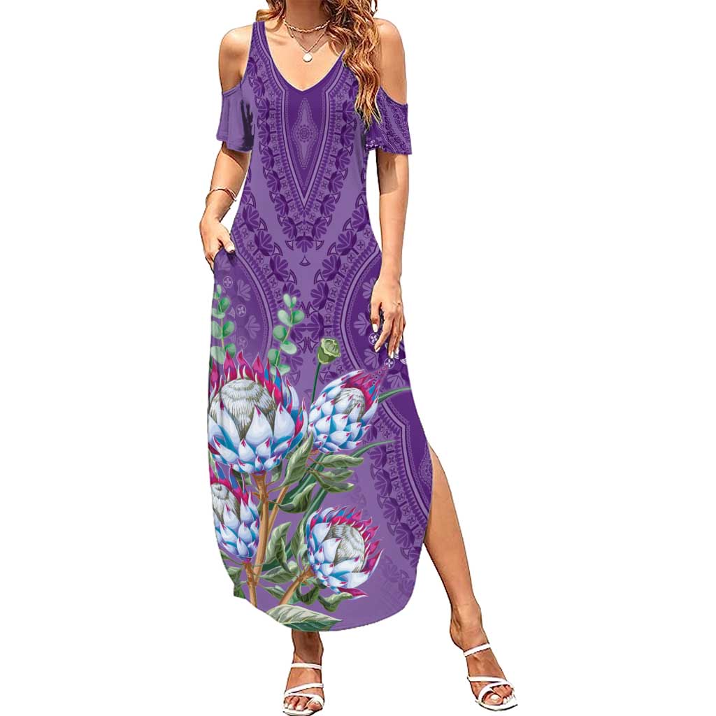Africa King Proteas Dashiki Motif Summer Maxi Dress Violet Style - Wonder Print Shop