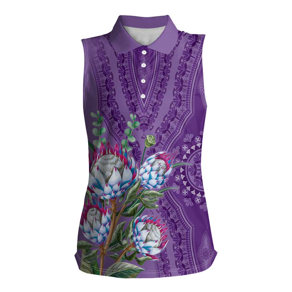 Africa King Proteas Dashiki Motif Women Sleeveless Polo Shirt Violet Style - Wonder Print Shop