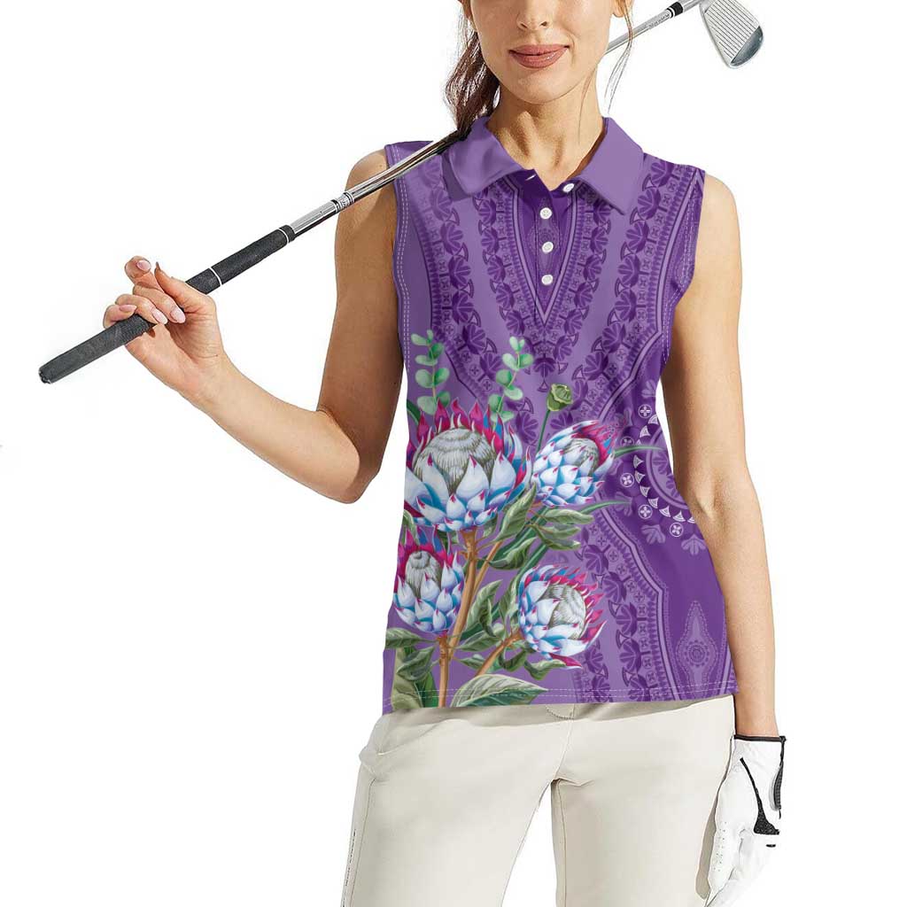Africa King Proteas Dashiki Motif Women Sleeveless Polo Shirt Violet Style - Wonder Print Shop