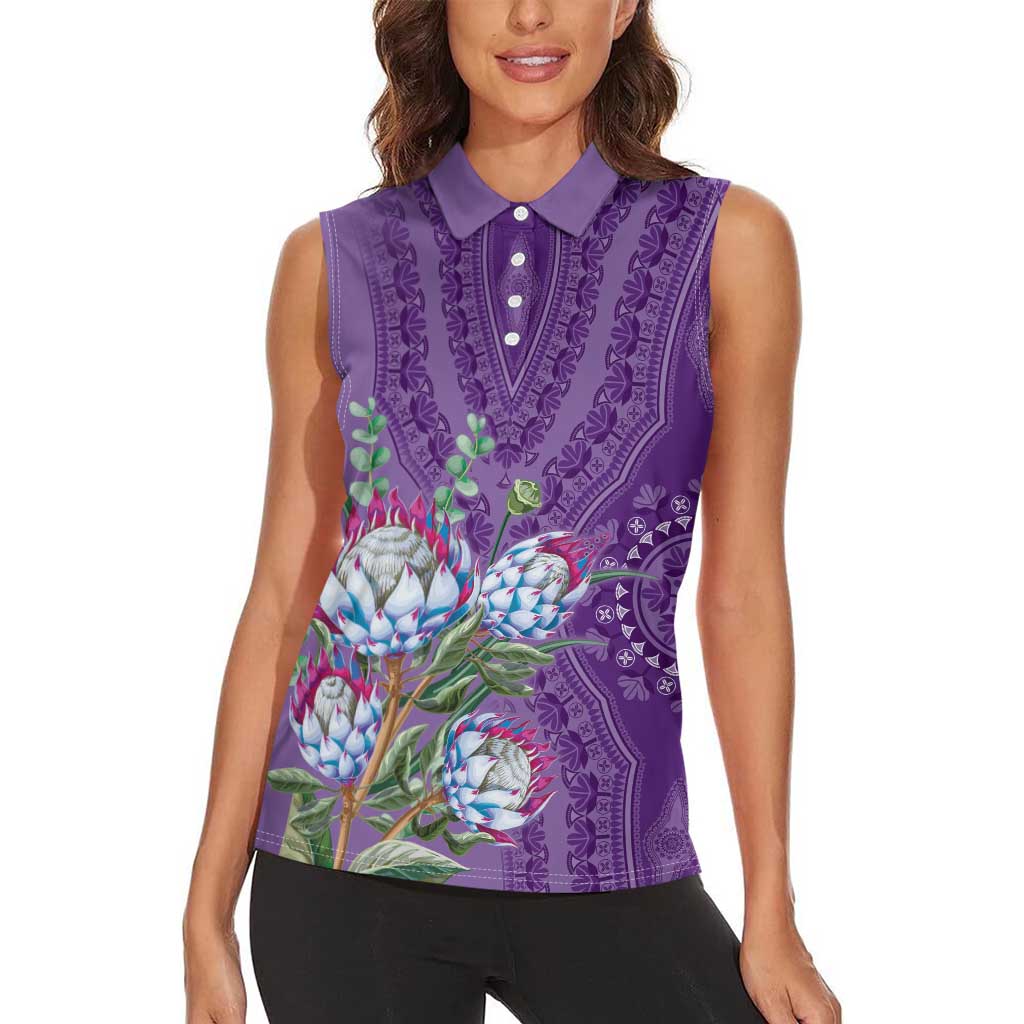 Africa King Proteas Dashiki Motif Women Sleeveless Polo Shirt Violet Style - Wonder Print Shop