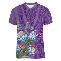 Africa King Proteas Dashiki Motif Women V-Neck T-Shirt Violet Style - Wonder Print Shop