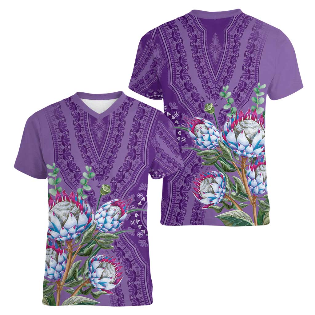 Africa King Proteas Dashiki Motif Women V-Neck T-Shirt Violet Style - Wonder Print Shop