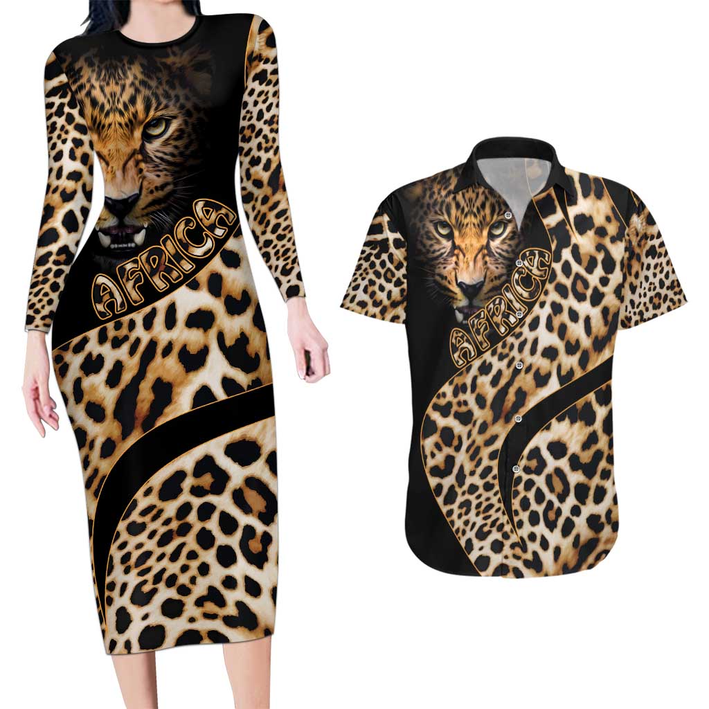 Africa Leopard Skin Pattern Couples Matching Long Sleeve Bodycon Dress and Hawaiian Shirt Version 01 LT9 - Wonder Print Shop