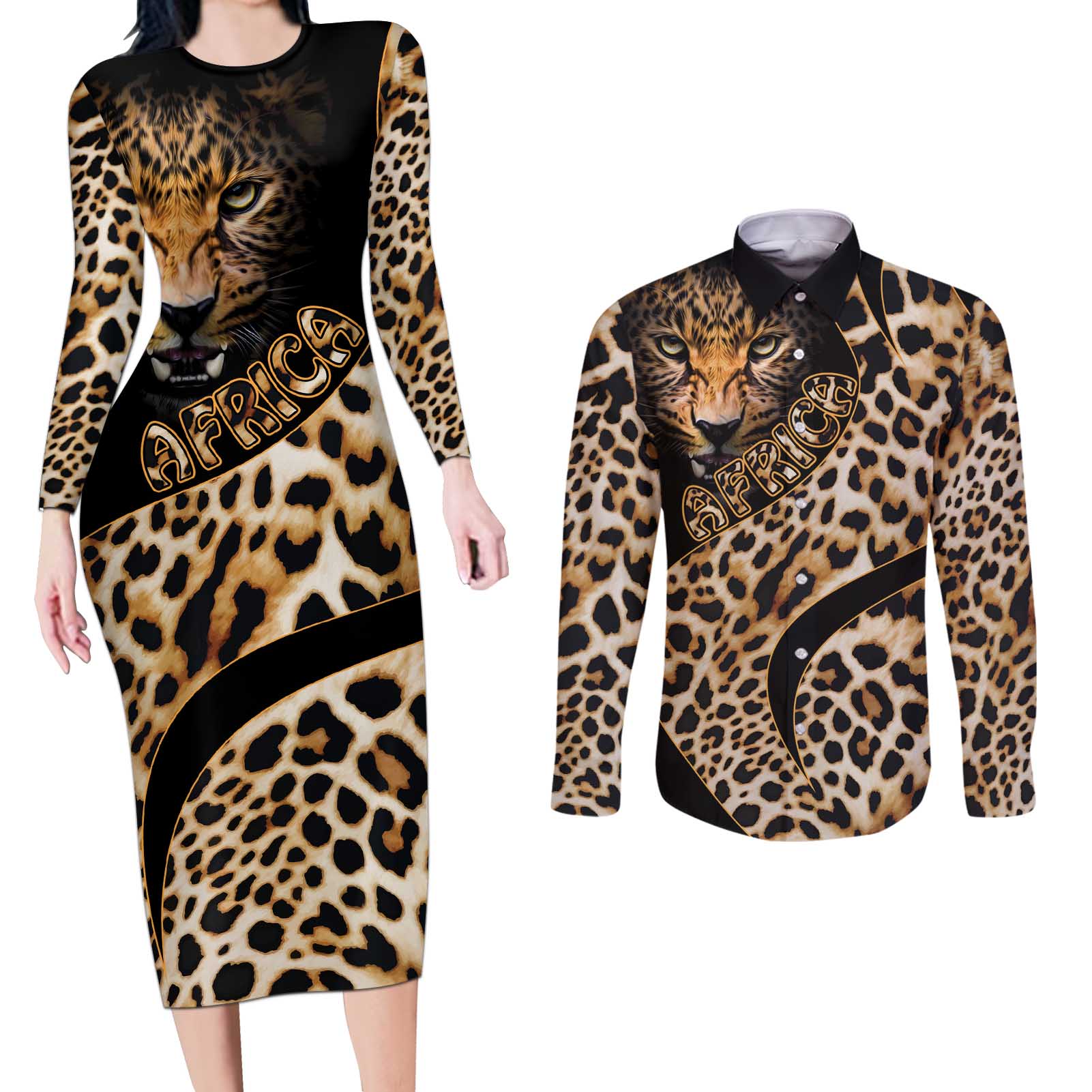 Africa Leopard Skin Pattern Couples Matching Long Sleeve Bodycon Dress and Long Sleeve Button Shirt Version 01 LT9 - Wonder Print Shop