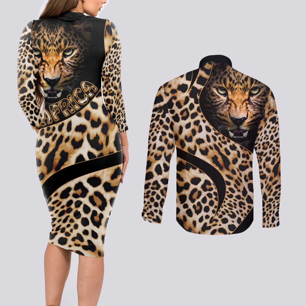 Africa Leopard Skin Pattern Couples Matching Long Sleeve Bodycon Dress and Long Sleeve Button Shirt Version 01 LT9 - Wonder Print Shop