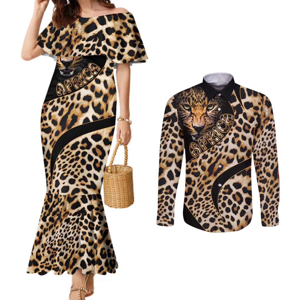 Africa Leopard Skin Pattern Couples Matching Mermaid Dress and Long Sleeve Button Shirt Version 01