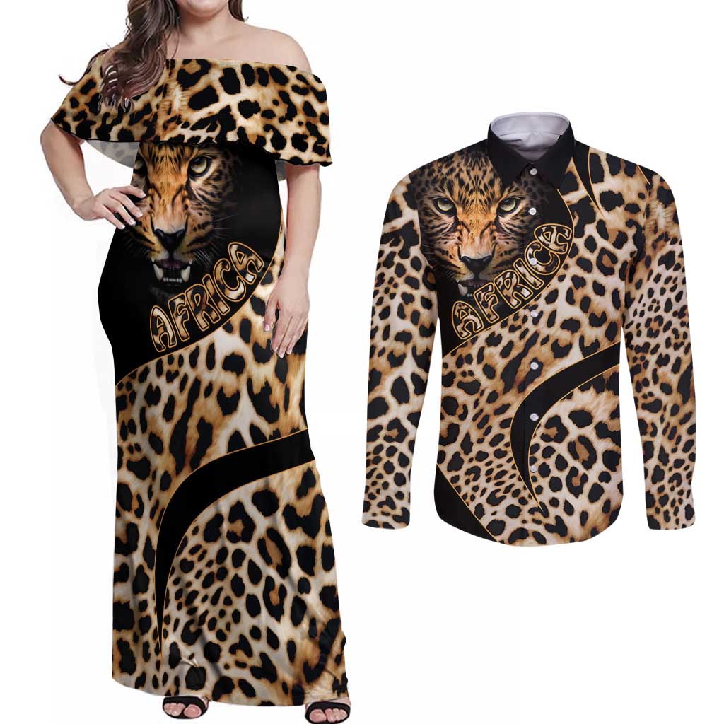 Africa Leopard Skin Pattern Couples Matching Off Shoulder Maxi Dress and Long Sleeve Button Shirt Version 01 LT9 - Wonder Print Shop