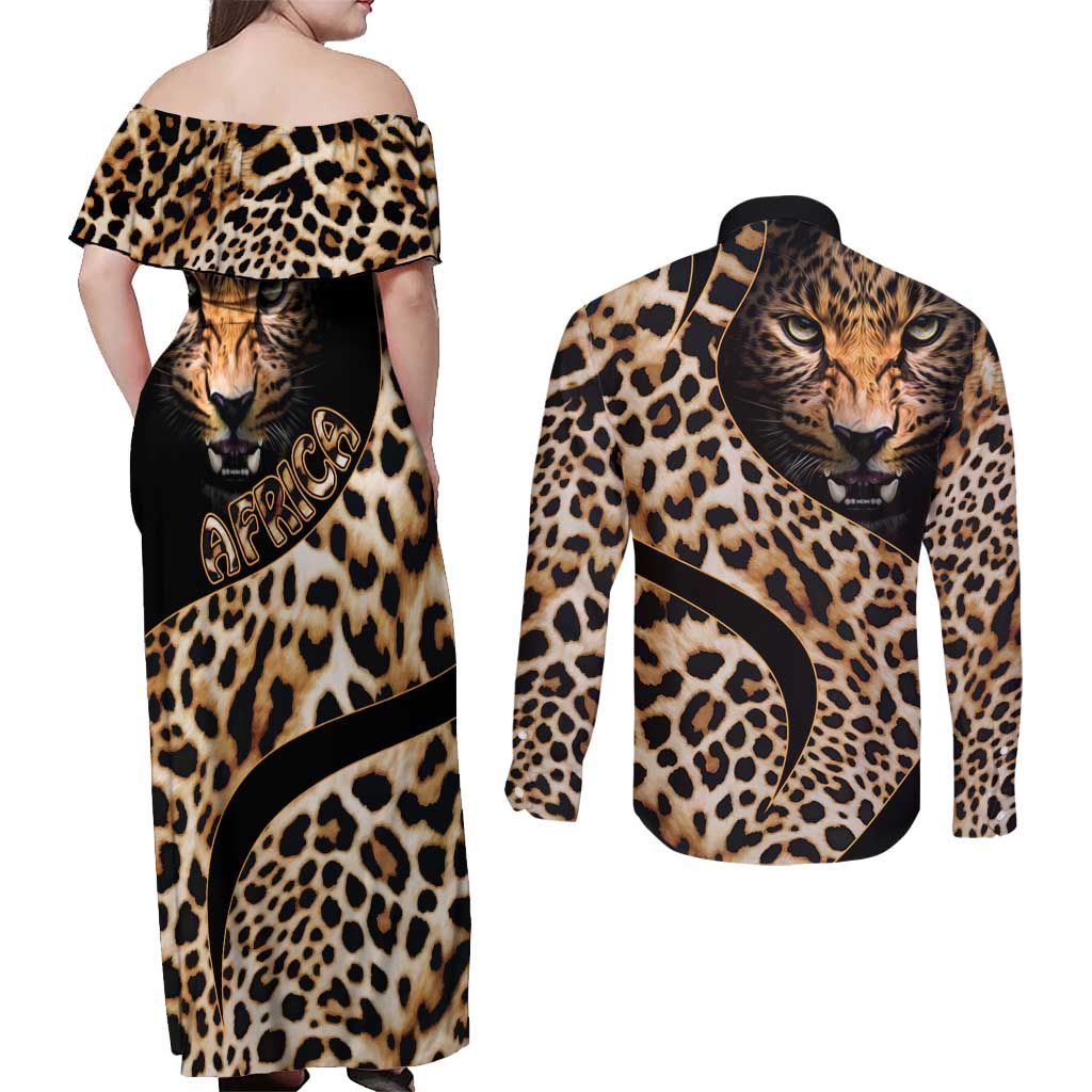Africa Leopard Skin Pattern Couples Matching Off Shoulder Maxi Dress and Long Sleeve Button Shirt Version 01 LT9 - Wonder Print Shop