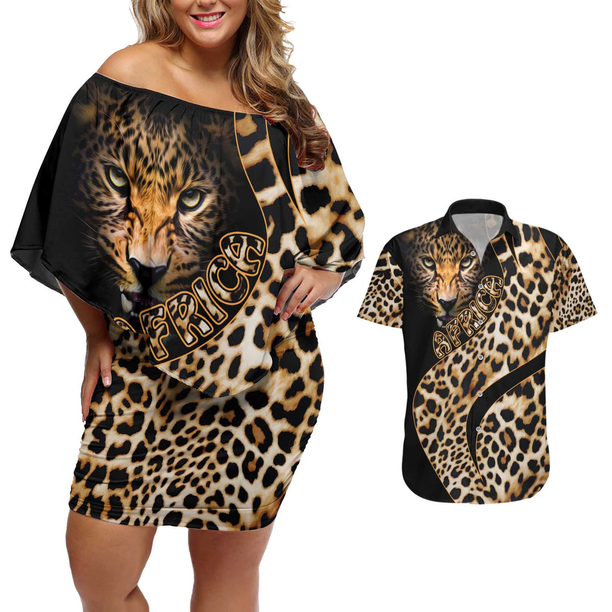 Africa Leopard Skin Pattern Couples Matching Off Shoulder Short Dress and Hawaiian Shirt Version 01 LT9 - Wonder Print Shop