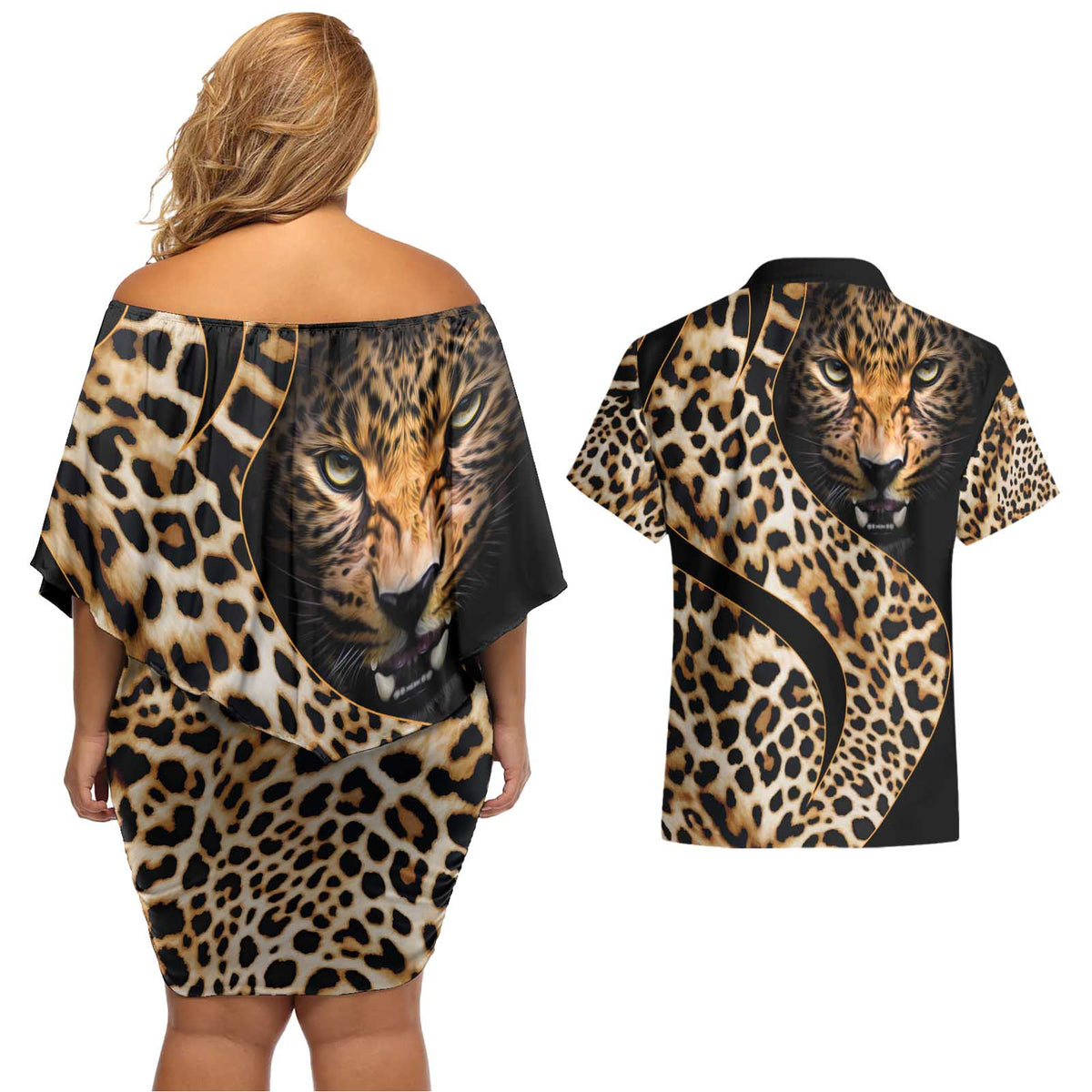 Africa Leopard Skin Pattern Couples Matching Off Shoulder Short Dress and Hawaiian Shirt Version 01 LT9 - Wonder Print Shop