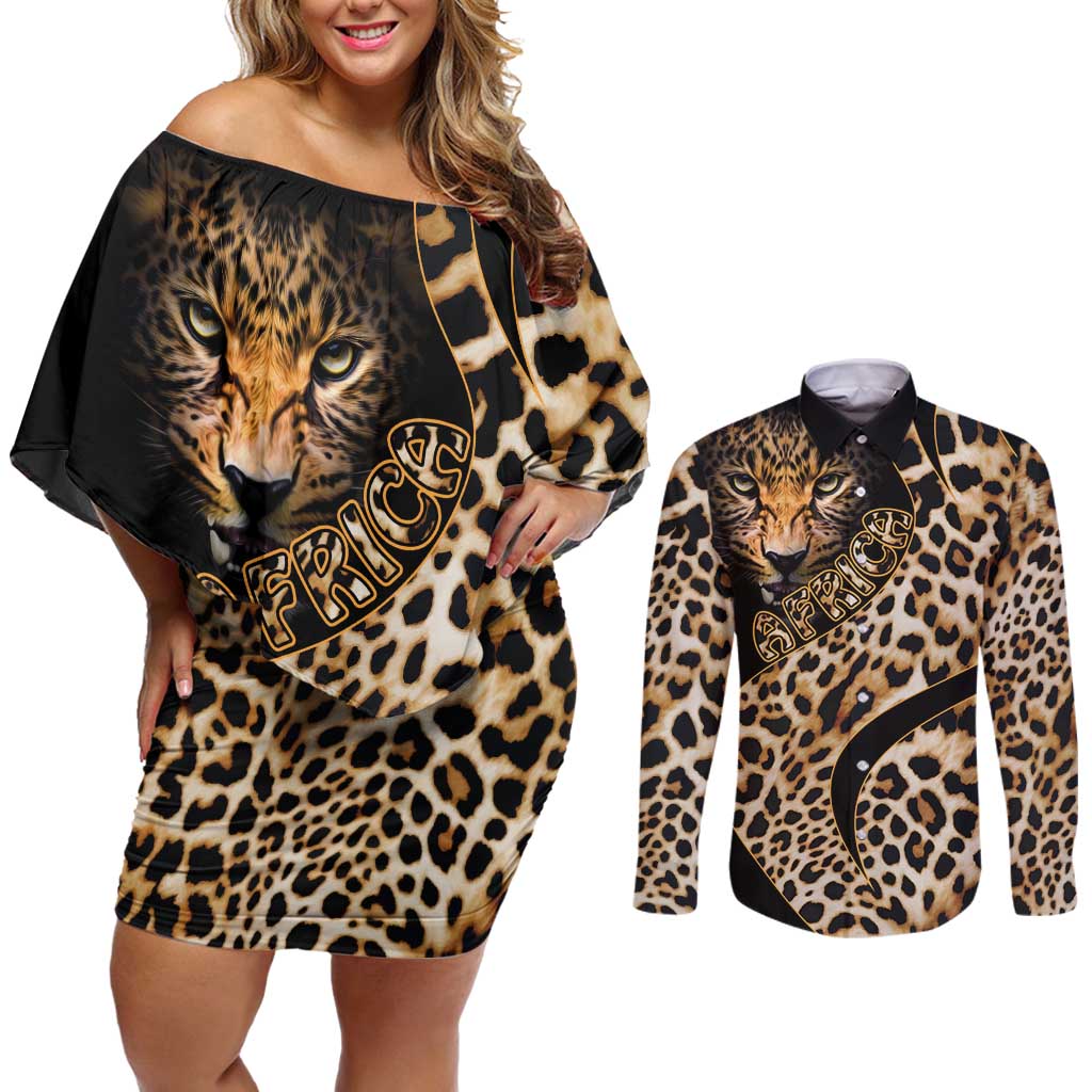 Africa Leopard Skin Pattern Couples Matching Off Shoulder Short Dress and Long Sleeve Button Shirt Version 01 LT9 - Wonder Print Shop