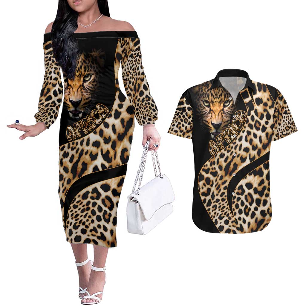 Africa Leopard Skin Pattern Couples Matching Off The Shoulder Long Sleeve Dress and Hawaiian Shirt Version 01 LT9 - Wonder Print Shop