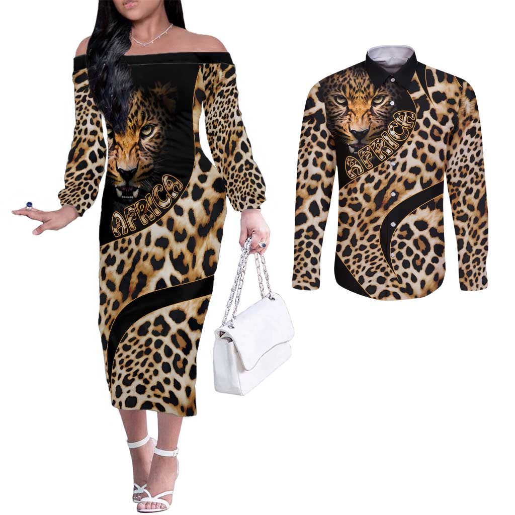 Africa Leopard Skin Pattern Couples Matching Off The Shoulder Long Sleeve Dress and Long Sleeve Button Shirt Version 01
