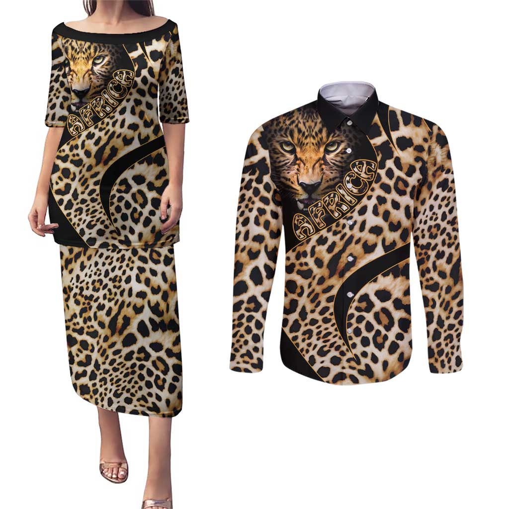 Africa Leopard Skin Pattern Couples Matching Puletasi and Long Sleeve Button Shirt Version 01 LT9 - Wonder Print Shop