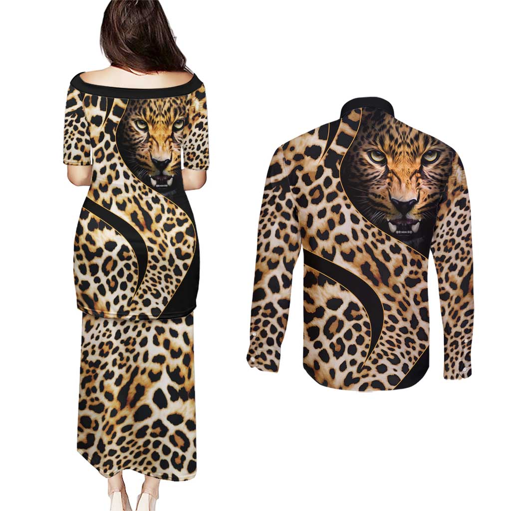 Africa Leopard Skin Pattern Couples Matching Puletasi and Long Sleeve Button Shirt Version 01 LT9 - Wonder Print Shop
