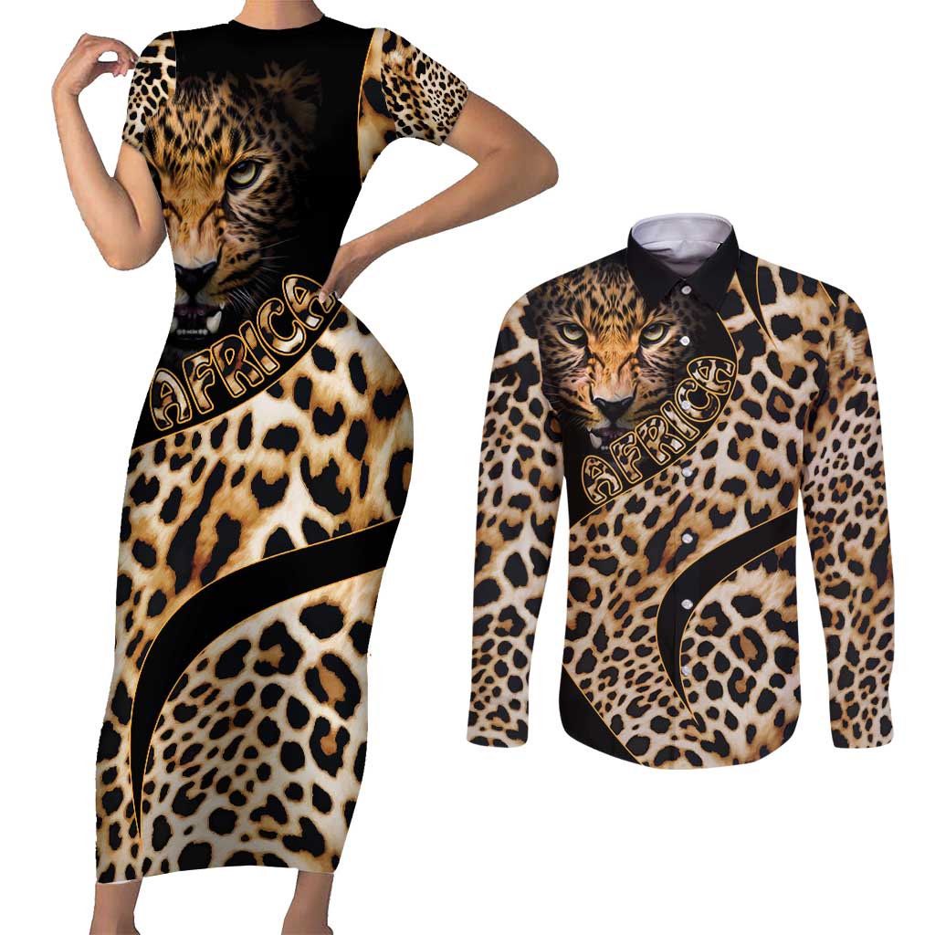 Africa Leopard Skin Pattern Couples Matching Short Sleeve Bodycon Dress and Long Sleeve Button Shirt Version 01 LT9 - Wonder Print Shop