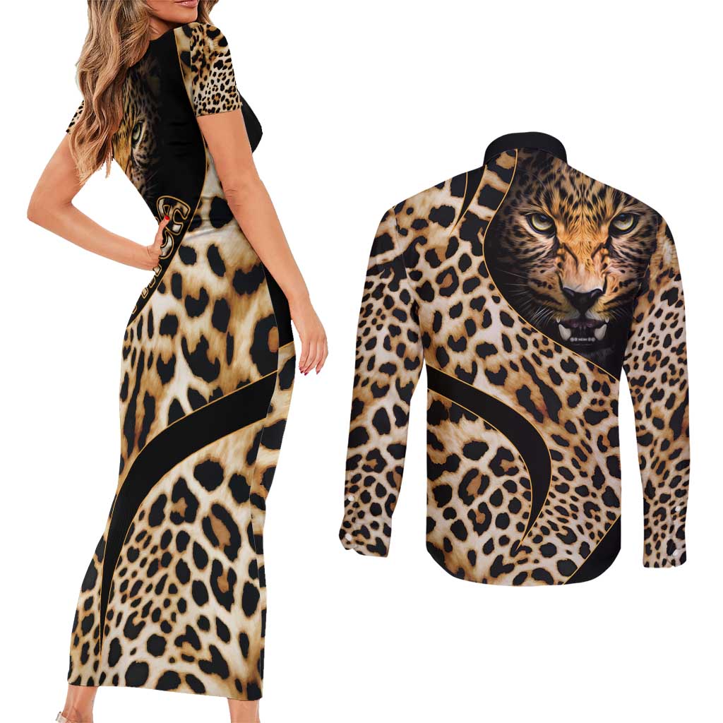 Africa Leopard Skin Pattern Couples Matching Short Sleeve Bodycon Dress and Long Sleeve Button Shirt Version 01 LT9 - Wonder Print Shop