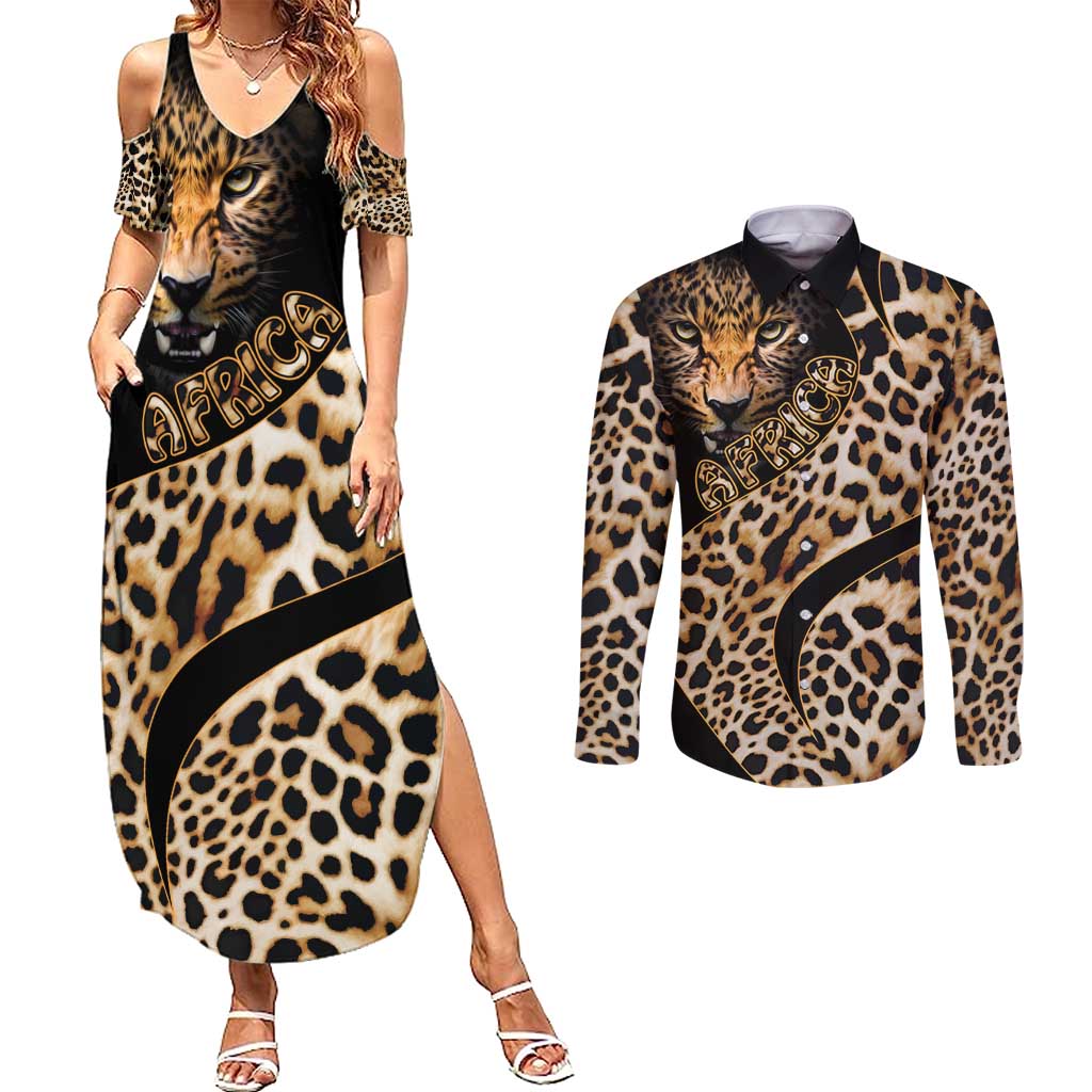 Africa Leopard Skin Pattern Couples Matching Summer Maxi Dress and Long Sleeve Button Shirt Version 01 LT9 - Wonder Print Shop