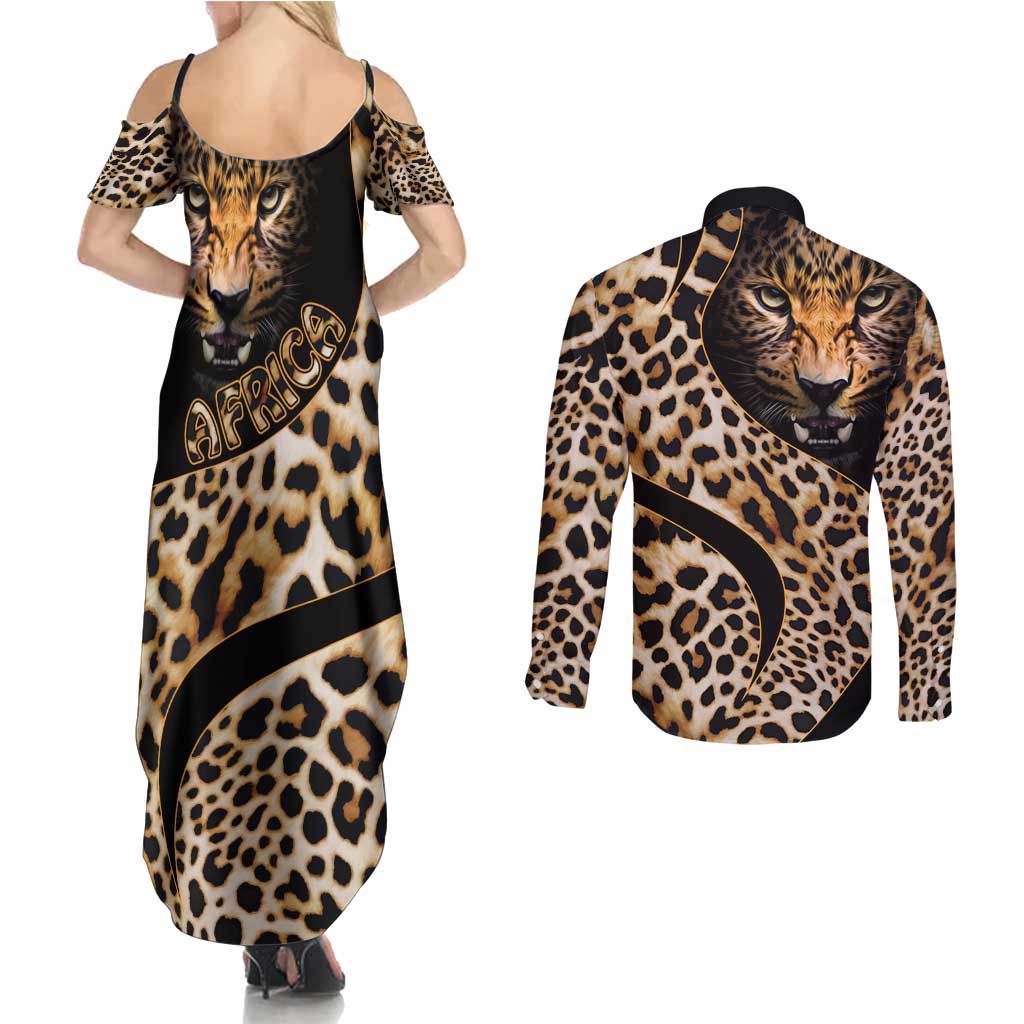 Africa Leopard Skin Pattern Couples Matching Summer Maxi Dress and Long Sleeve Button Shirt Version 01 LT9 - Wonder Print Shop