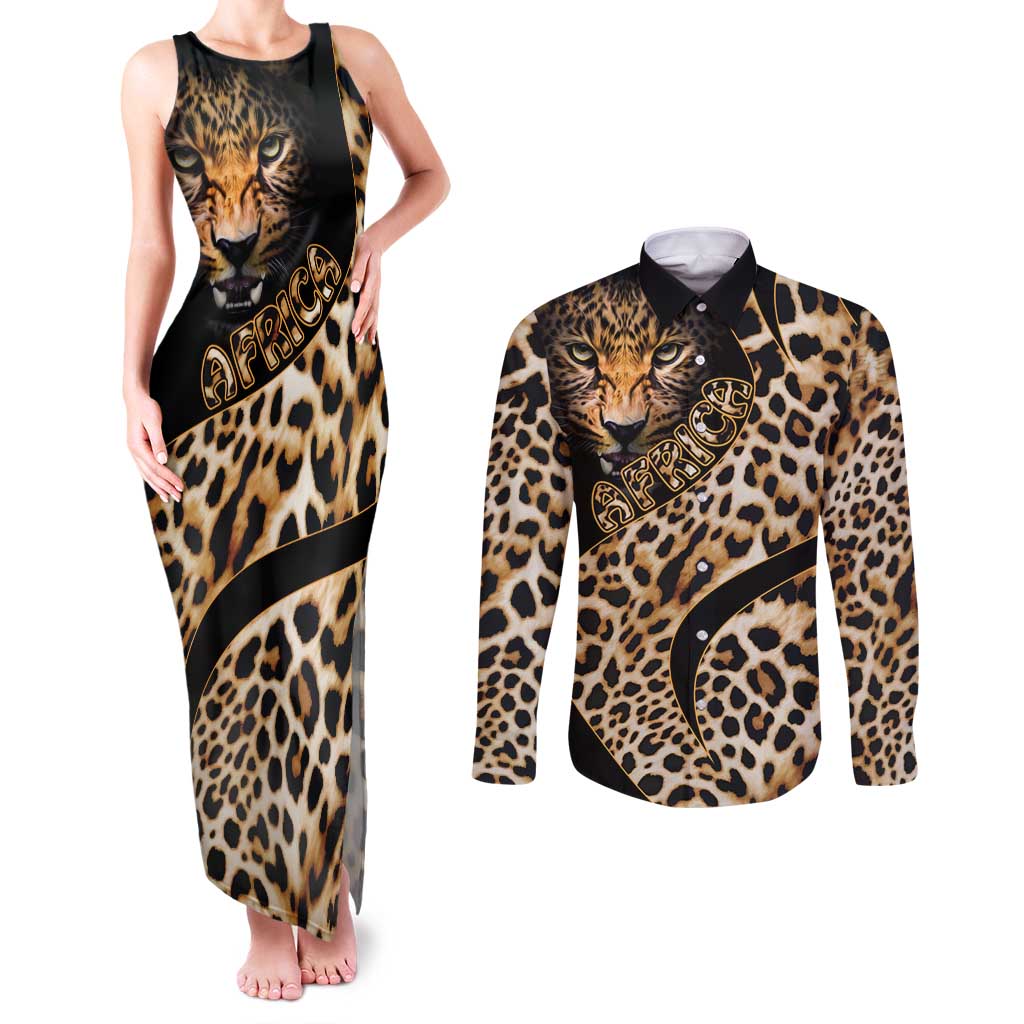 Africa Leopard Skin Pattern Couples Matching Tank Maxi Dress and Long Sleeve Button Shirt Version 01 LT9 - Wonder Print Shop
