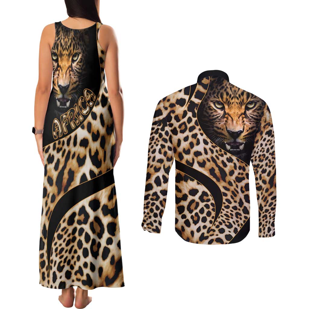 Africa Leopard Skin Pattern Couples Matching Tank Maxi Dress and Long Sleeve Button Shirt Version 01 LT9 - Wonder Print Shop
