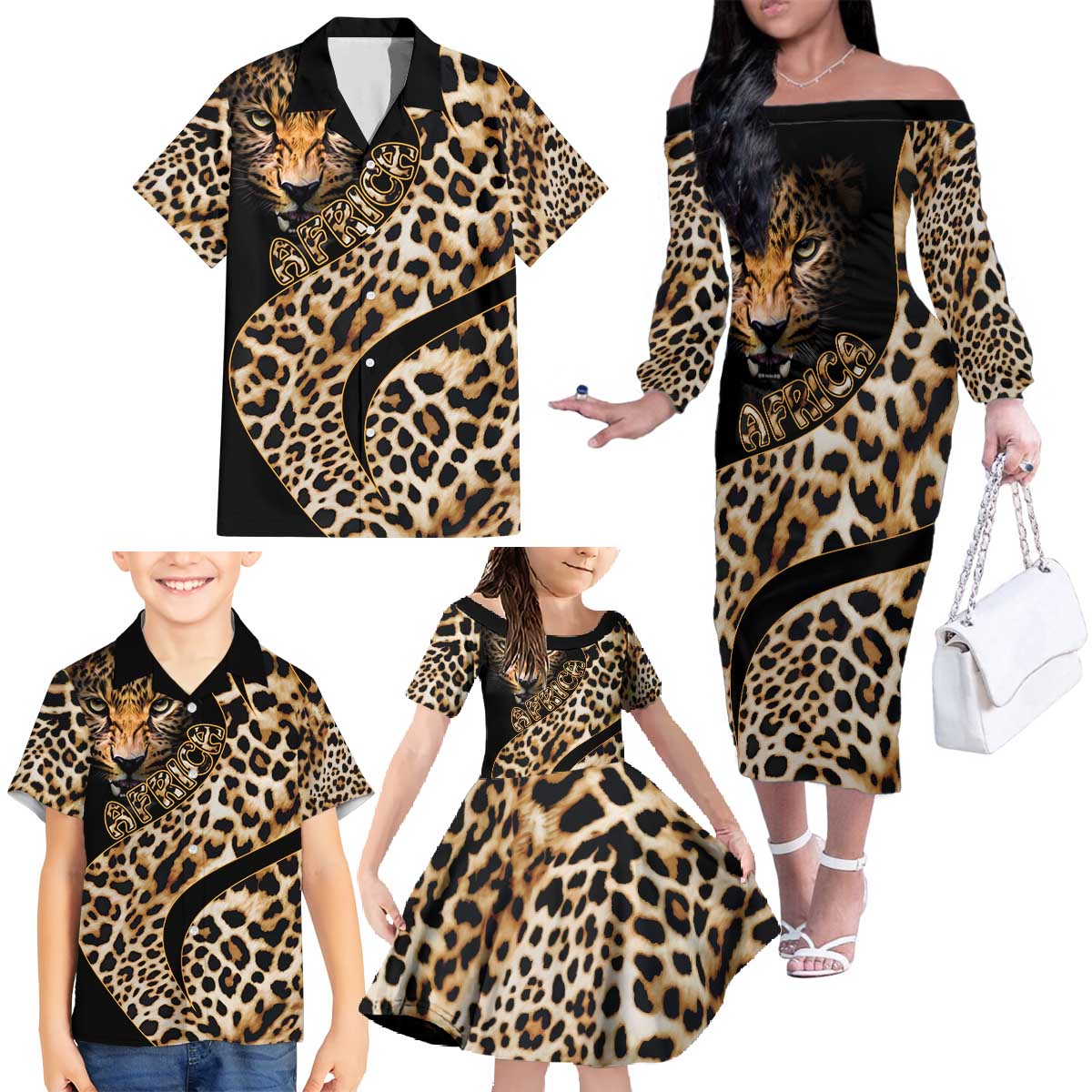 Africa Leopard Skin Pattern Family Matching Off The Shoulder Long Sleeve Dress and Hawaiian Shirt Version 01 - Wonder Print Shop