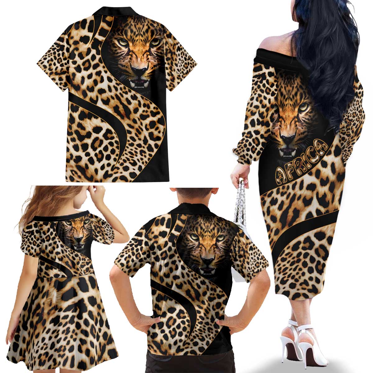 Africa Leopard Skin Pattern Family Matching Off The Shoulder Long Sleeve Dress and Hawaiian Shirt Version 01 - Wonder Print Shop