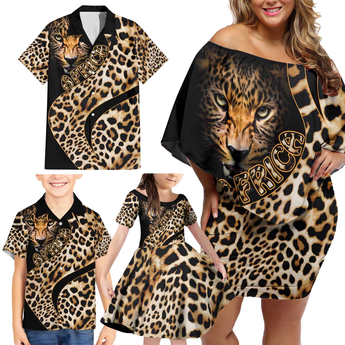 Africa Leopard Skin Pattern Family Matching Off Shoulder Short Dress and Hawaiian Shirt Version 01 LT9 - Wonder Print Shop