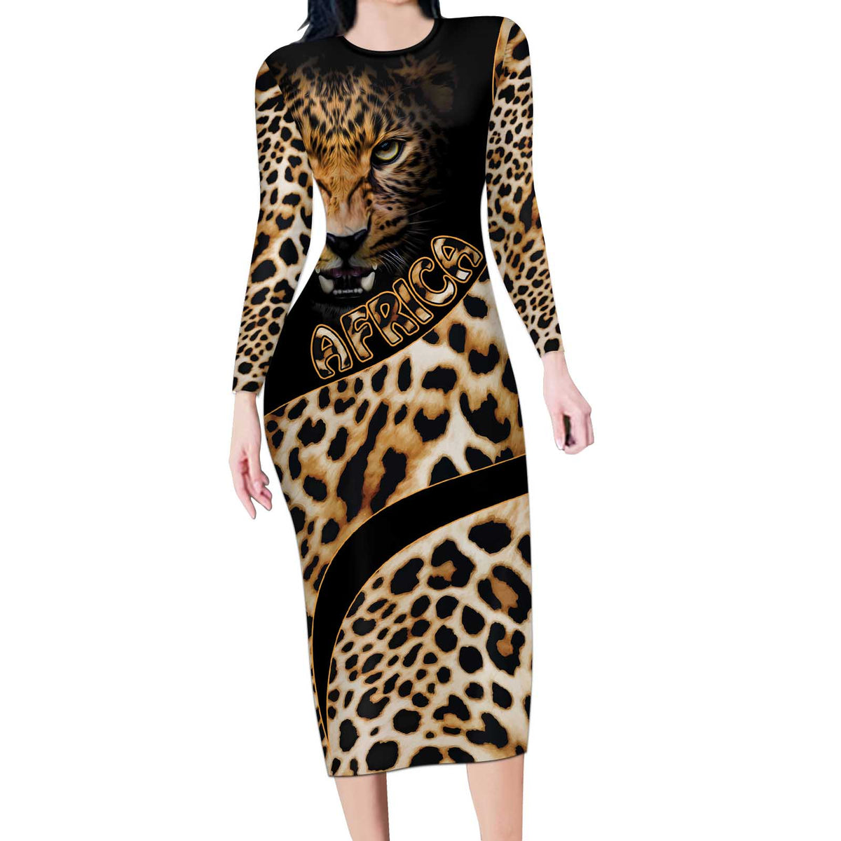 Africa Leopard Skin Pattern Long Sleeve Bodycon Dress Version 01 - Wonder Print Shop