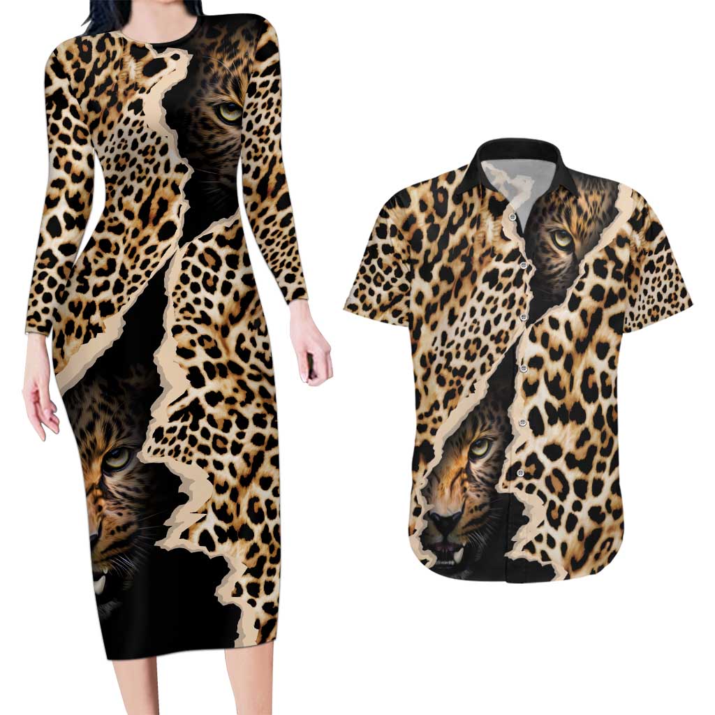 Africa Leopard Skin Pattern Couples Matching Long Sleeve Bodycon Dress and Hawaiian Shirt Version 02 LT9 - Wonder Print Shop