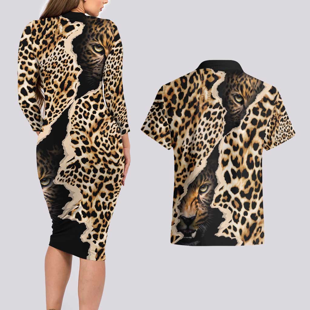 Africa Leopard Skin Pattern Couples Matching Long Sleeve Bodycon Dress and Hawaiian Shirt Version 02 LT9 - Wonder Print Shop