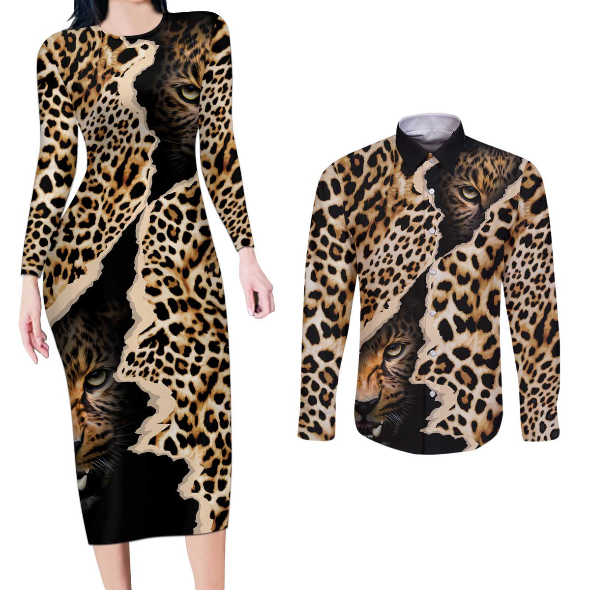 Africa Leopard Skin Pattern Couples Matching Long Sleeve Bodycon Dress and Long Sleeve Button Shirt Version 02 LT9 - Wonder Print Shop