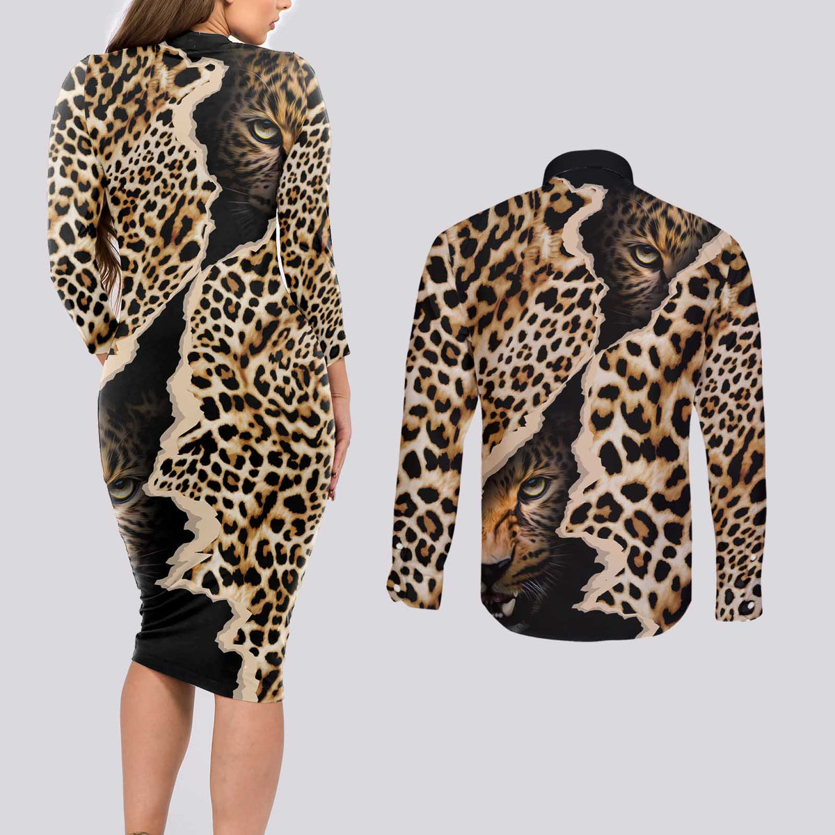 Africa Leopard Skin Pattern Couples Matching Long Sleeve Bodycon Dress and Long Sleeve Button Shirt Version 02 LT9 - Wonder Print Shop