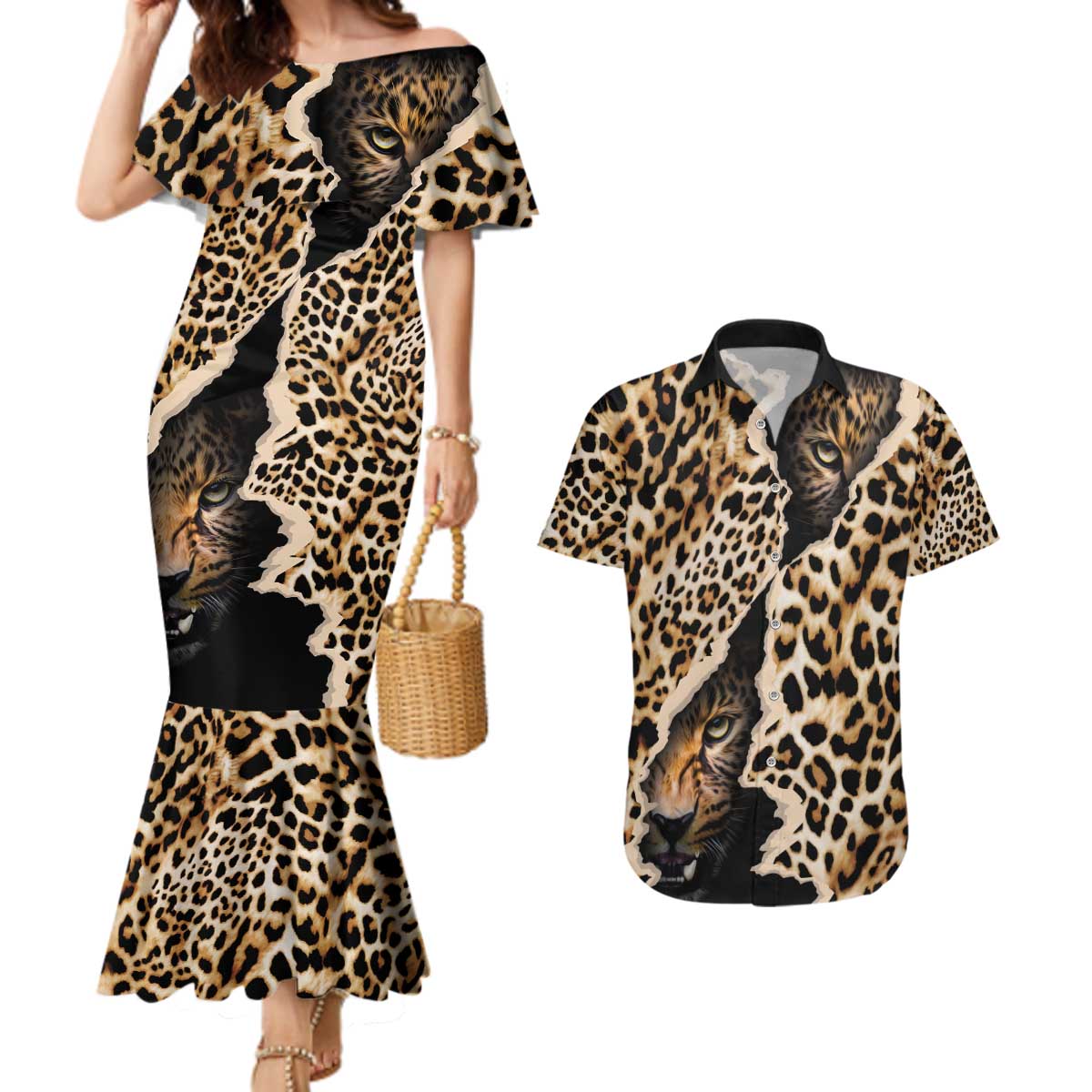 Africa Leopard Skin Pattern Couples Matching Mermaid Dress and Hawaiian Shirt Version 02 LT9 - Wonder Print Shop