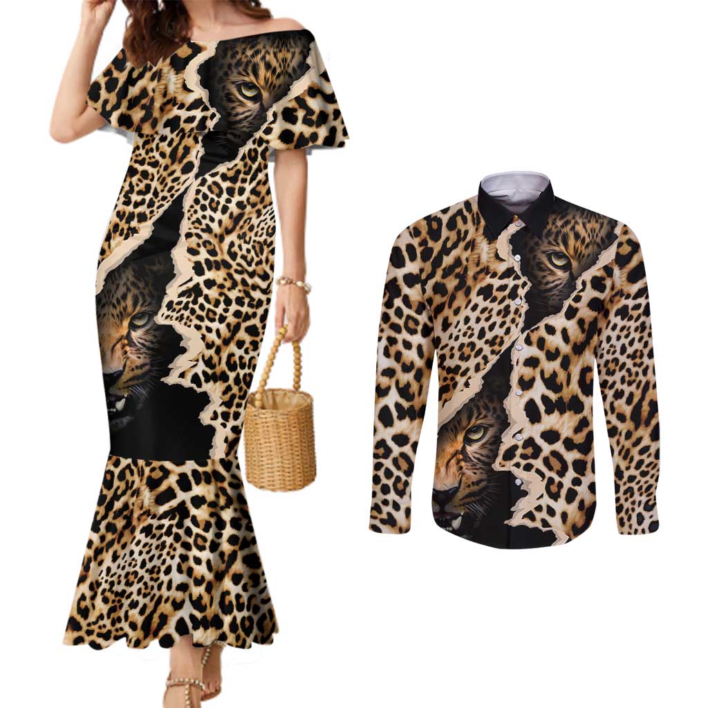 Africa Leopard Skin Pattern Couples Matching Mermaid Dress and Long Sleeve Button Shirt Version 02