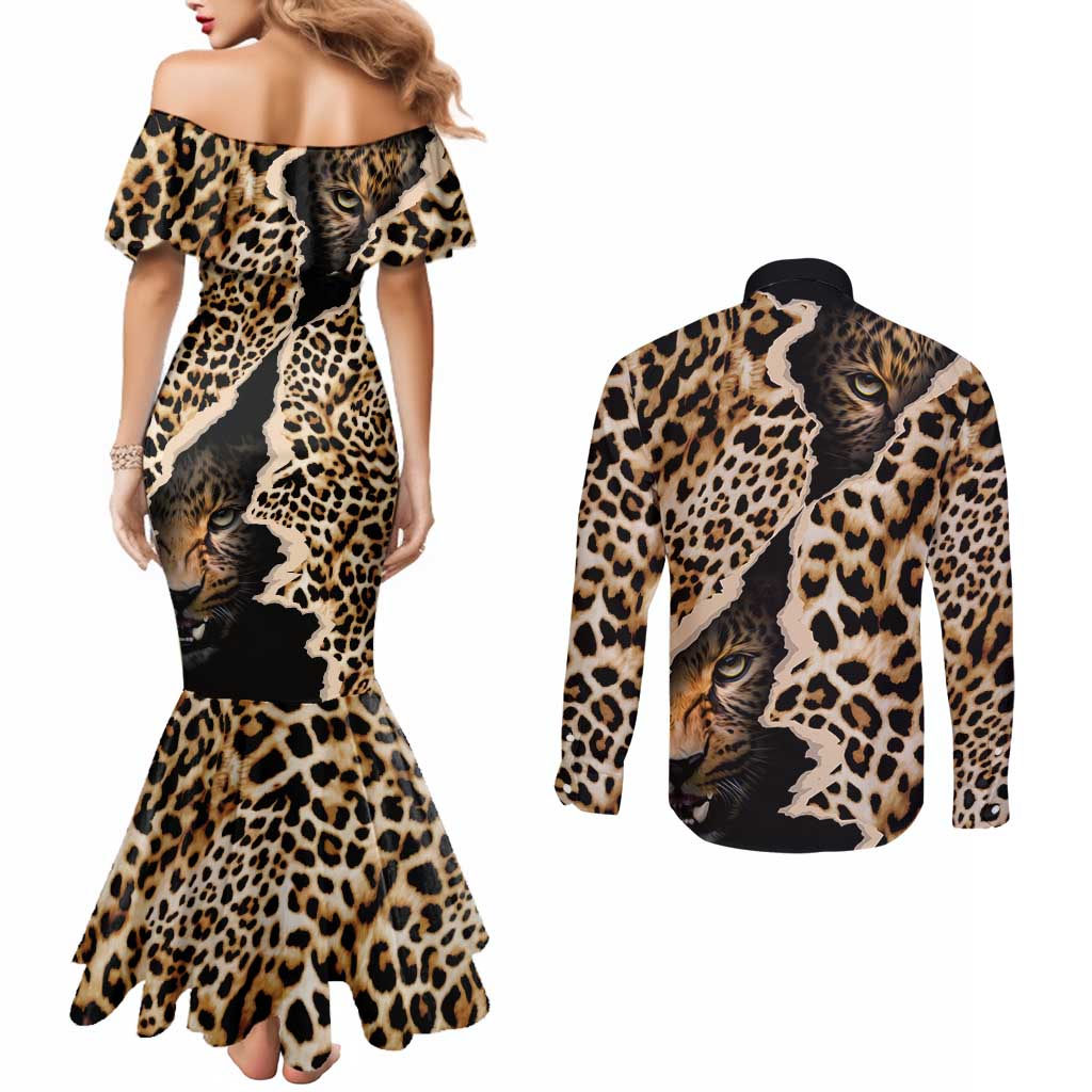 Africa Leopard Skin Pattern Couples Matching Mermaid Dress and Long Sleeve Button Shirt Version 02