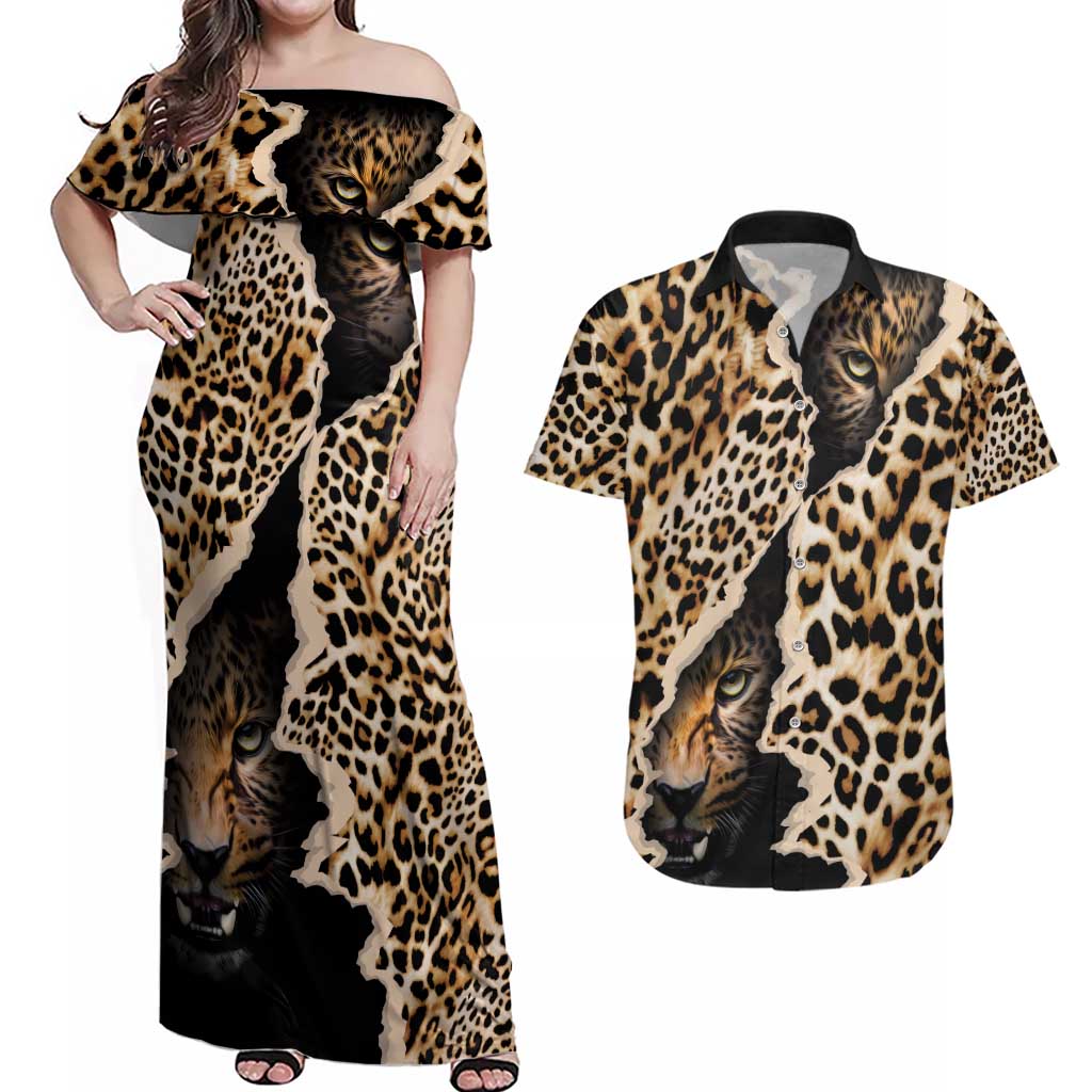 Africa Leopard Skin Pattern Couples Matching Off Shoulder Maxi Dress and Hawaiian Shirt Version 02 LT9 - Wonder Print Shop