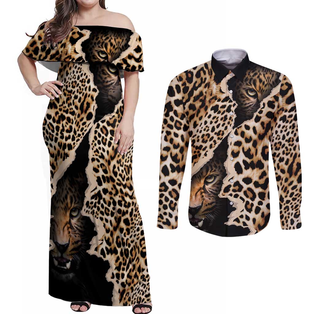 Africa Leopard Skin Pattern Couples Matching Off Shoulder Maxi Dress and Long Sleeve Button Shirt Version 02 LT9 - Wonder Print Shop