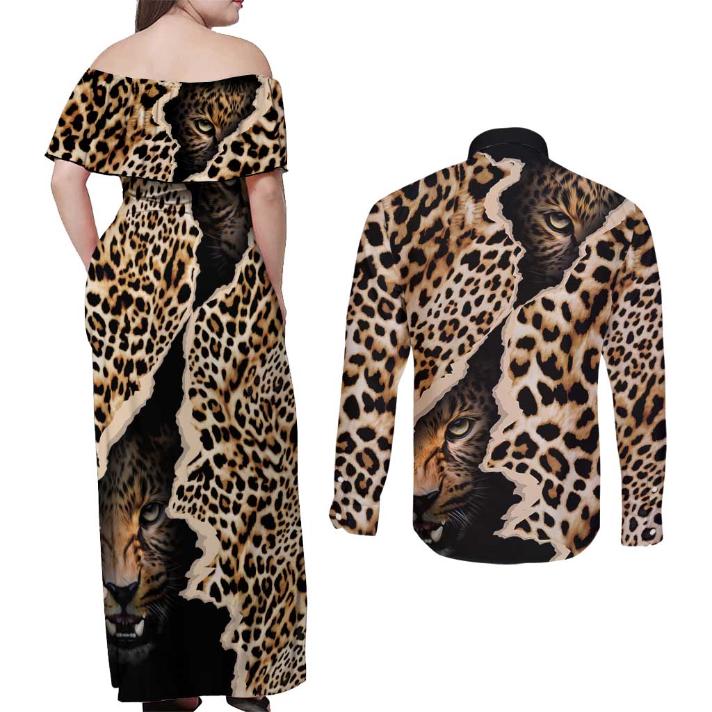 Africa Leopard Skin Pattern Couples Matching Off Shoulder Maxi Dress and Long Sleeve Button Shirt Version 02 LT9 - Wonder Print Shop
